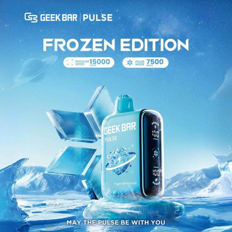 Geek Bar Pulse Frozen Edition disposable vape with icy visuals and 15K puff features.