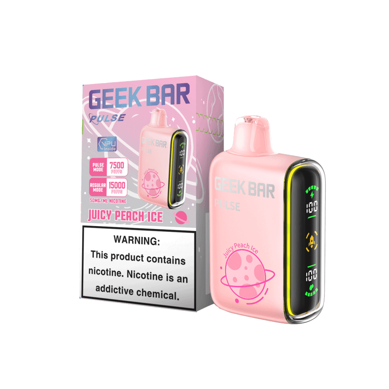 Geek Bar Pulse Juicy Peach Ice disposable vape with packaging, featuring 15K puffs and 5% nicotine.