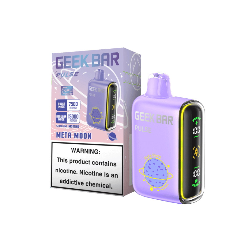 Geek Bar Pulse disposable vape device in Meta Moon flavor with packaging, featuring 7500 puffs and a nicotine warning.