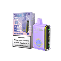 Geek Bar Pulse disposable vape device in Meta Moon flavor with packaging, featuring 7500 puffs and a nicotine warning.