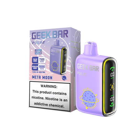 Geek Bar Pulse disposable vape device in Meta Moon flavor with packaging, featuring 7500 puffs and a nicotine warning.