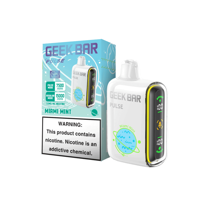 Geek Bar Pulse disposable vape in Miami Mint flavor with package and warning label, featuring sleek design.