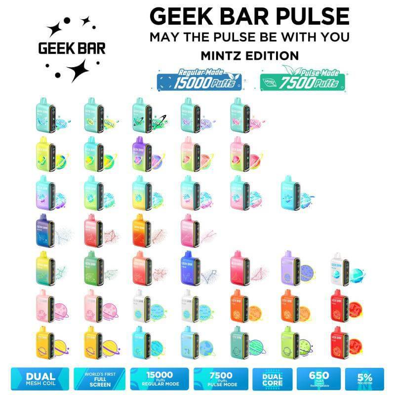 Geek Bar Pulse Mintz Edition displaying a variety of disposable vapes, highlighting 15000 puffs and dual mesh coil features.