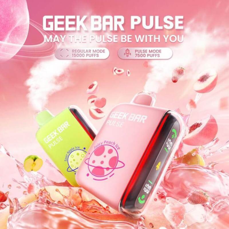Geek Bar Pulse disposable vapes in pink and green with 15,000 and 7,500 puffs, vibrant fruity backdrop.