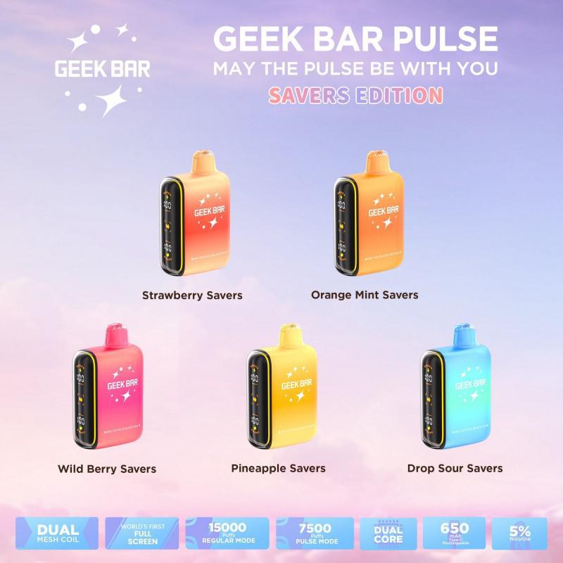 Geek Bar Pulse Savers Edition - colorful disposable vapes in various flavors: Strawberry, Orange Mint, Wild Berry, Pineapple, Drop Sour.
