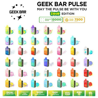 Variety of Geek Bar Pulse disposable vapes in Sour Edition with 7500 and 15000 puffs options, showcasing colorful designs.