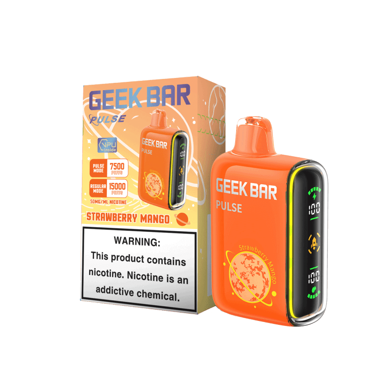 Geek Bar Pulse disposable vape with Strawberry Mango flavor and warning label, showcasing vibrant orange design.