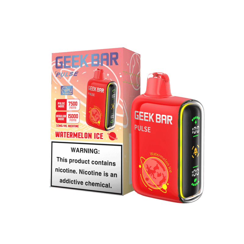 Geek Bar Pulse disposable vape in Watermelon Ice flavor with packaging, 7500 puffs, and warning label about nicotine.