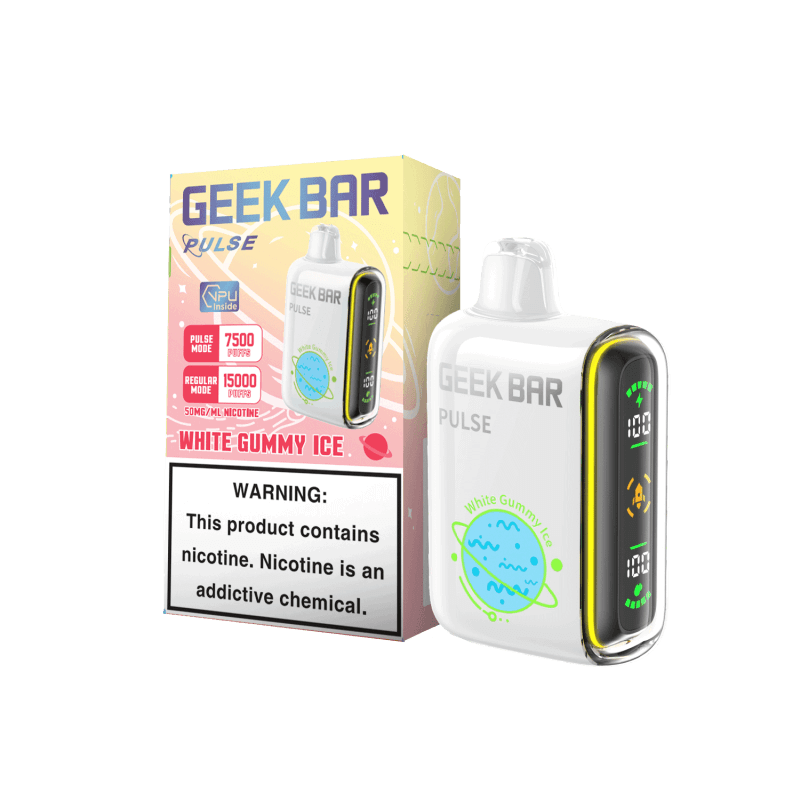 Geek Bar Pulse 7500 Puff Disposable Vape with White Gummy Ice flavor and warning label.
