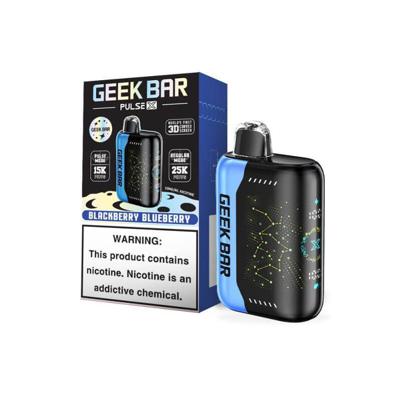 Geek Bar Pulse X disposable nicotine vape with blackberry blueberry flavor, featuring a bold design and user warnings.