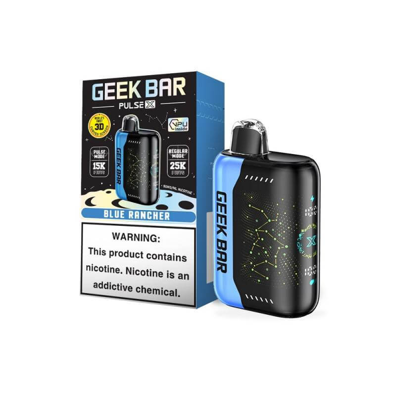 Geek Bar Pulse X disposable vape in Blue Rancher flavor with warning label about nicotine addiction.