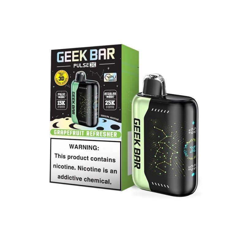Geek Bar Pulse X disposable vape in Grapefruit Refresher flavor with nicotine warning and performance details.