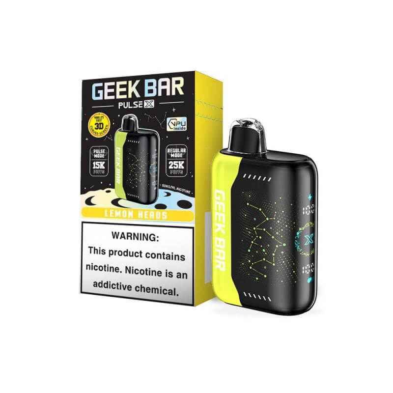 Geek Bar Pulse X disposable vape with lemon flavor design and packaging featuring nicotine warning.