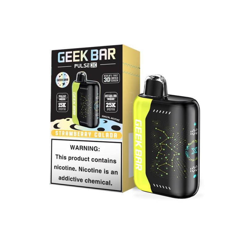 Geek Bar Pulse X disposable nicotine vape in Strawberry Cola flavor with vivid packaging.