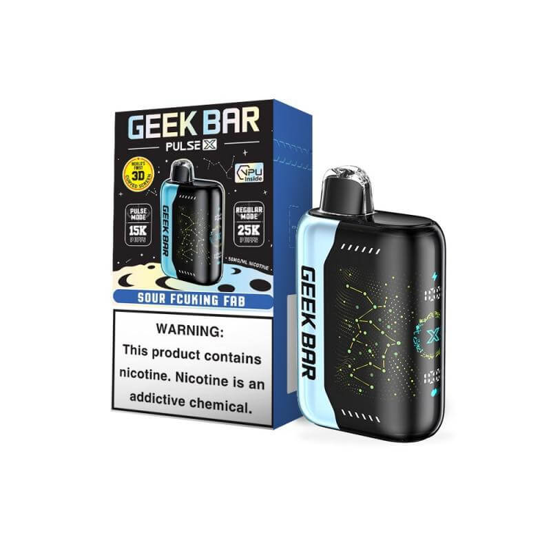 Geek Bar Pulse X disposable vape with packaging, showcasing features and warning about nicotine.