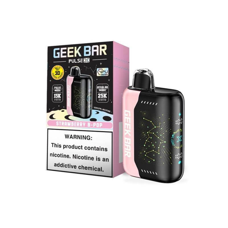 Geek Bar Pulse X disposable vape with Strawberry B-Pop flavor, showcasing an innovative design and warning label.