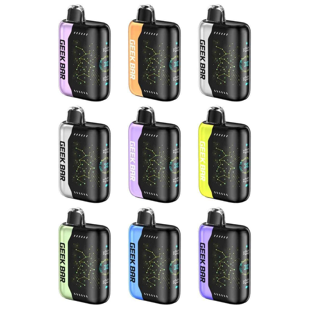 Collection of Geek Bar Pulse X disposable vapes in various colors and designs, showcasing customization options.
