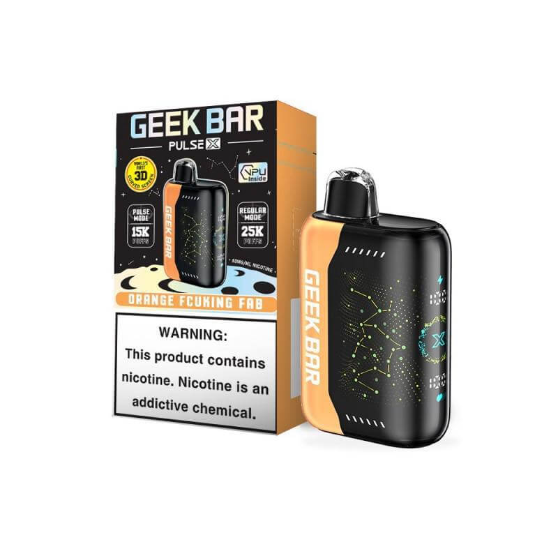 Geek Bar Pulse X Disposable Vape with orange design, featuring nicotine warning and performance details for vaping enthusiasts.
