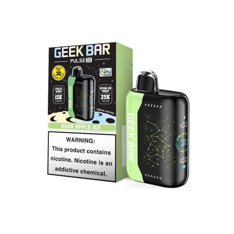 Geek Bar Pulse X Sour Apple Ice disposable vape with box and nicotine warning label