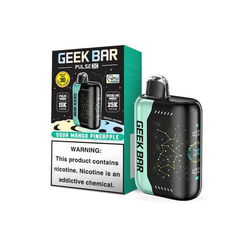 Geek Bar Pulse X disposable vape device with Sour Mango Pineapple flavor and warning label about nicotine.