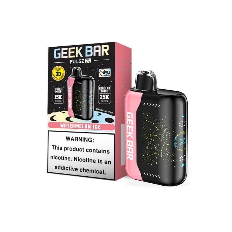 Geek Bar Pulse X Disposable Nicotine Vape in Watermelon Ice flavor with user guide and warning label.