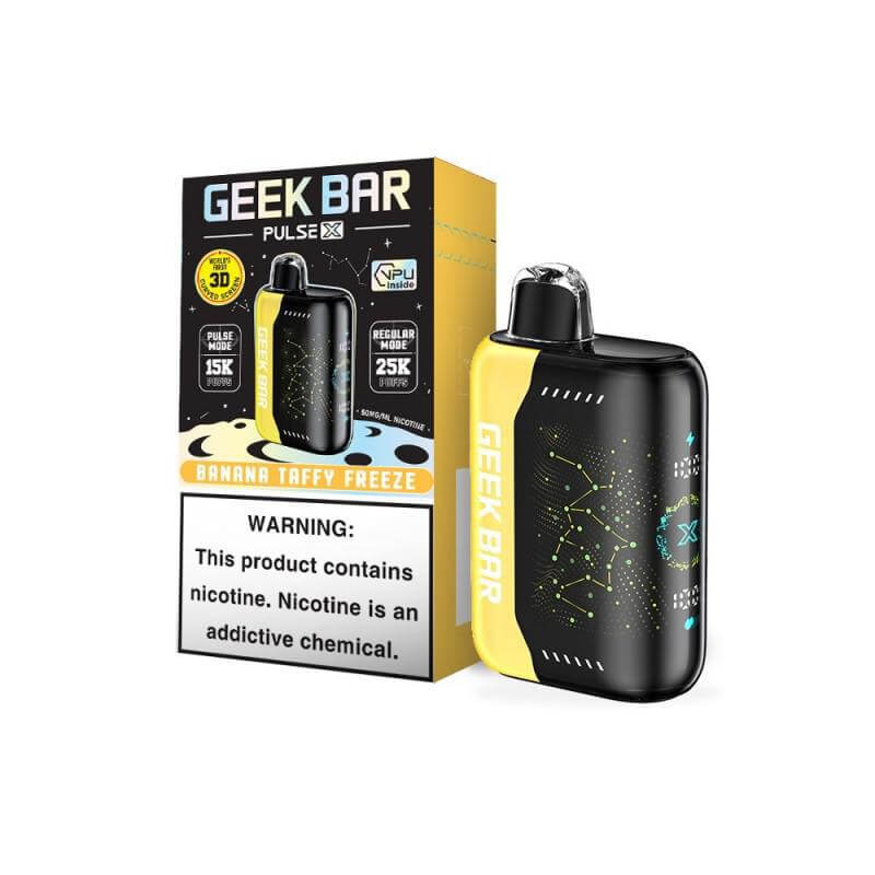 Geek Bar Pulse X disposable nicotine vape in Banana Taffy Freeze flavor with packaging and warning label.