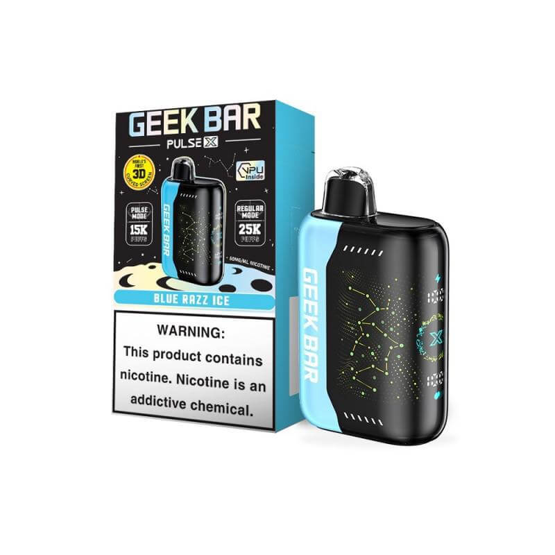 Geek Bar Pulse X Disposable Nicotine Vape in Blue Razz Ice flavor, featuring 25k puffs and 5% nicotine strength.