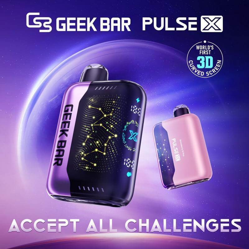 Geek Bar Pulse X disposable vape with 3D curved screen, showcasing sleek design and advanced features.