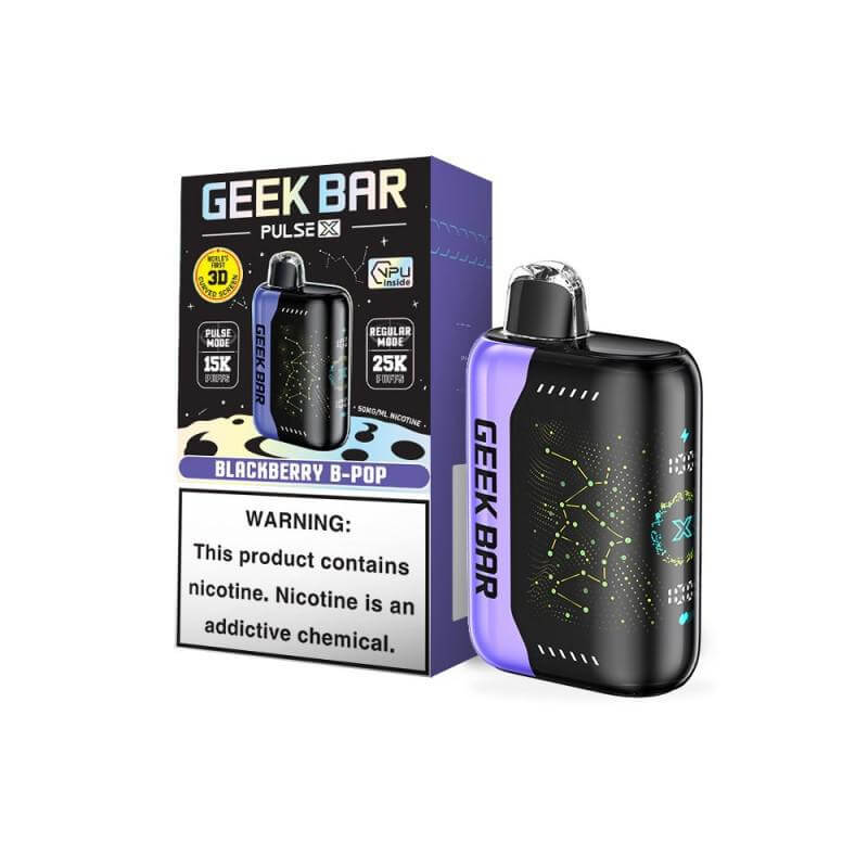 Geek Bar Pulse X disposable vape in Blackberry B-Pop flavor, showcasing sleek design and warning label.