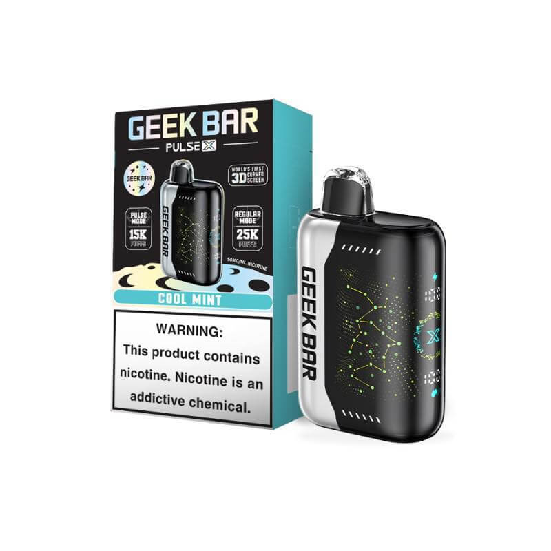 Geek Bar Pulse X disposable vape with Cool Mint flavor and nicotine warning, showcasing next-level vaping performance.