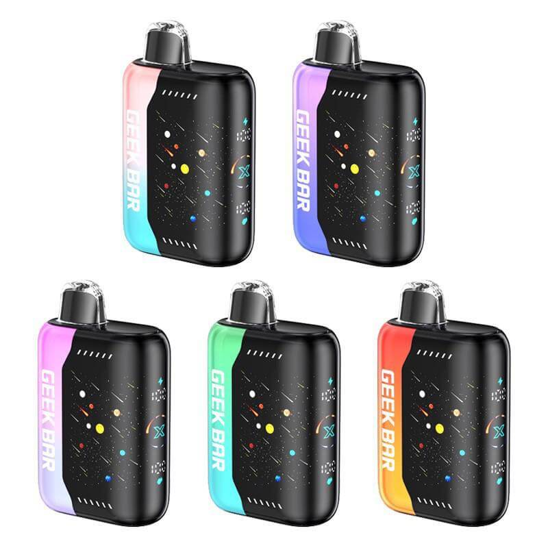 Geek Bar Pulse X Meteor Edition disposable vapes in various colors showcasing advanced vaping technology.
