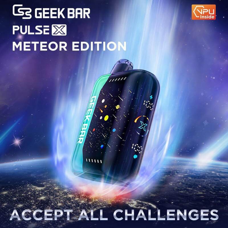 Geek Bar Pulse X Meteor Edition disposable vape with vibrant space design, showcasing advanced vaping technology.