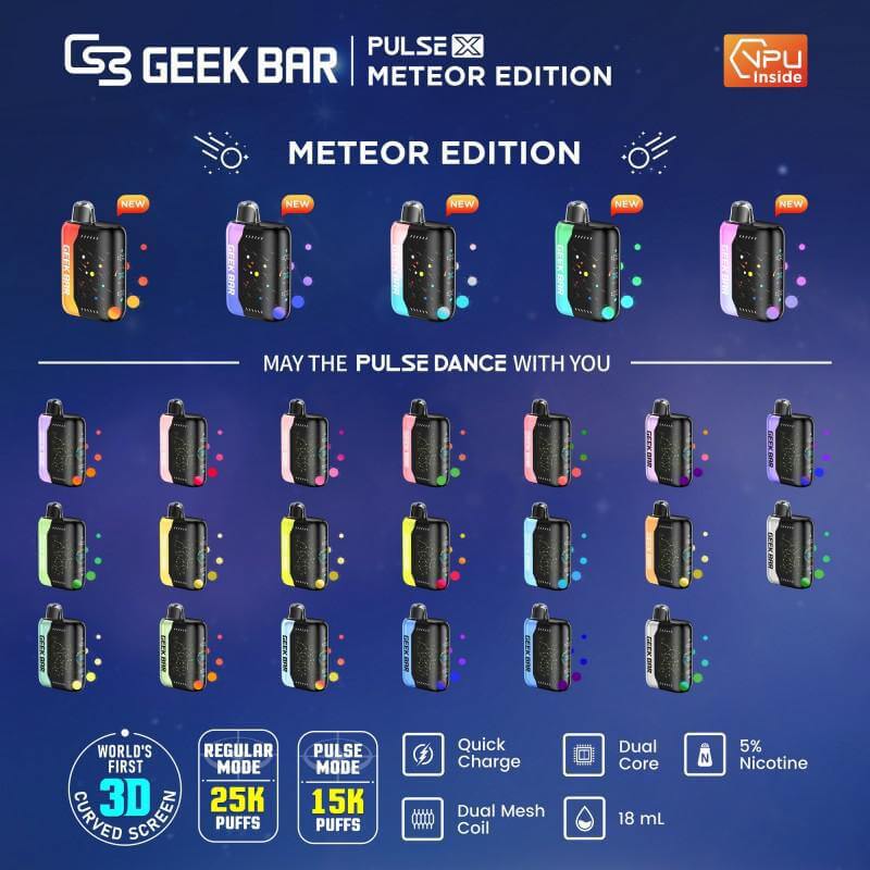 Geek Bar Pulse X Meteor Edition disposable vapes showcasing 3D curved screen and features like 25k puffs and 5% nicotine.