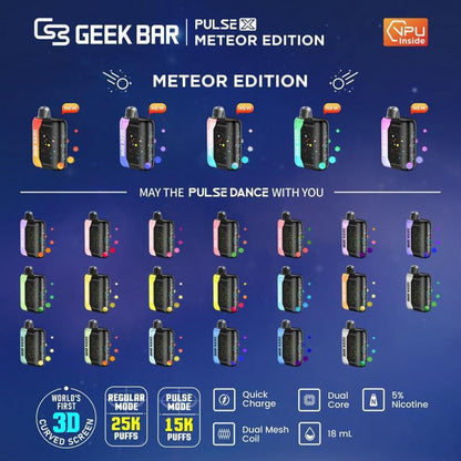 Geek Bar Pulse X Meteor Edition disposable vapes showcasing 3D curved screen and features like 25k puffs and 5% nicotine.