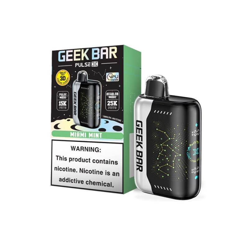 Geek Bar Pulse X Disposable Nicotine Vape in Miami Mint flavor with box packaging.
