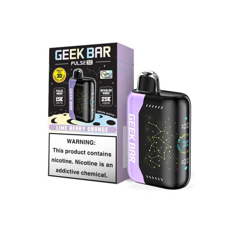 Geek Bar Pulse X vape device in Lime Berry Orange with packaging, showing nicotine warning and features.
