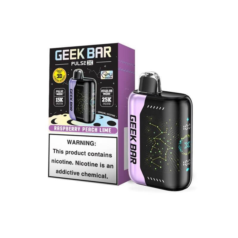 Geek Bar Pulse X Disposable Nicotine Vape in Raspberry Peach Lime flavor with warning label.