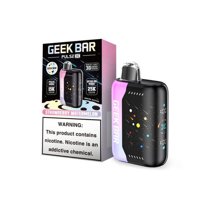 Geek Bar Pulse X Strawberry Watermelon Disposable Vape with packaging showcasing features and warning information.
