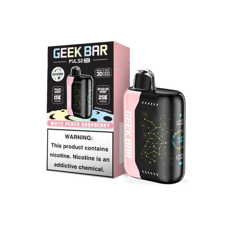 Geek Bar Pulse X Disposable Vape in White Peach Raspberry flavor with warning label.