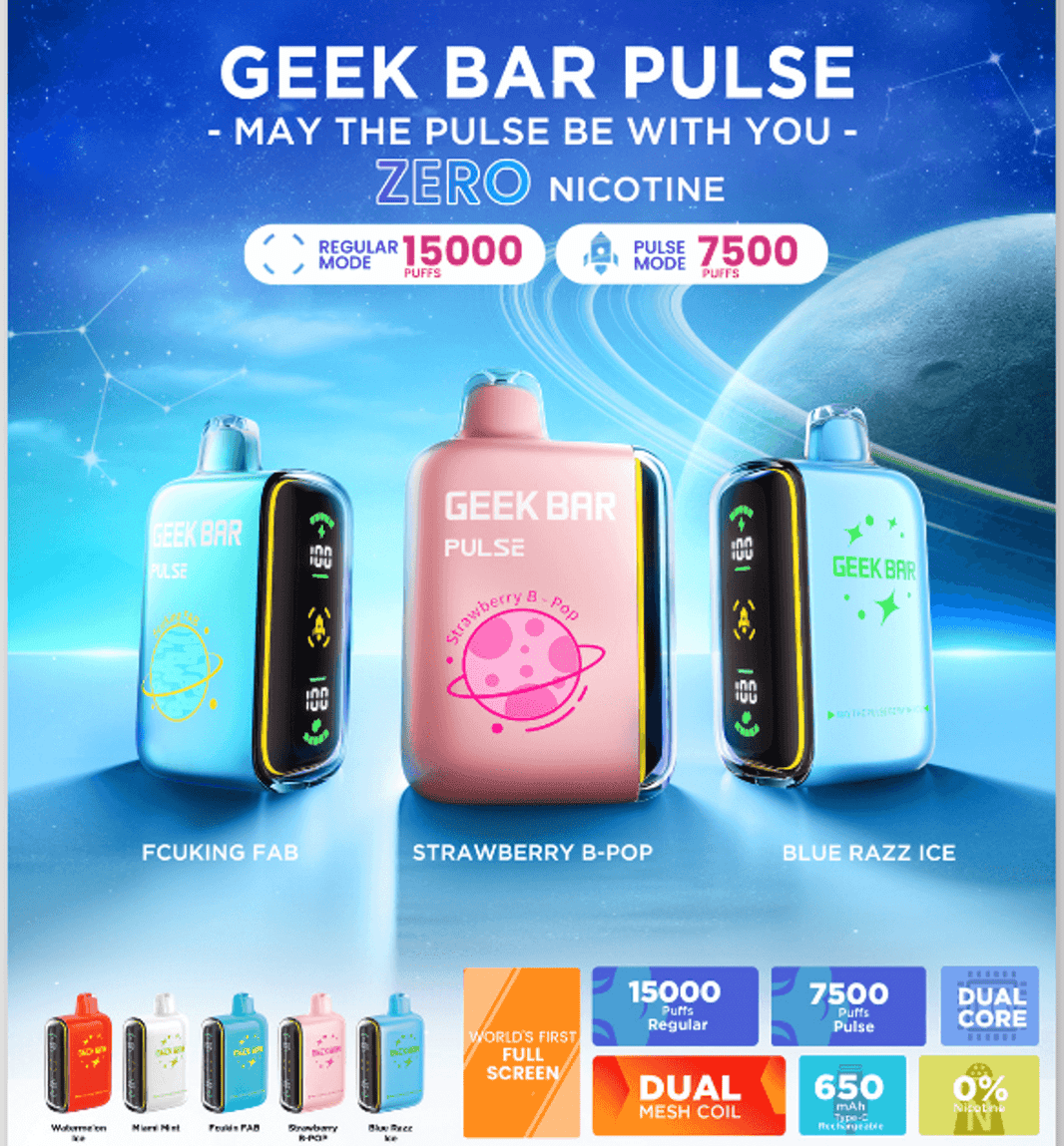 Geek Bar Pulse Disposable Vapes showcasing 0% nicotine, 15000 puffs in regular mode, with colorful flavors.