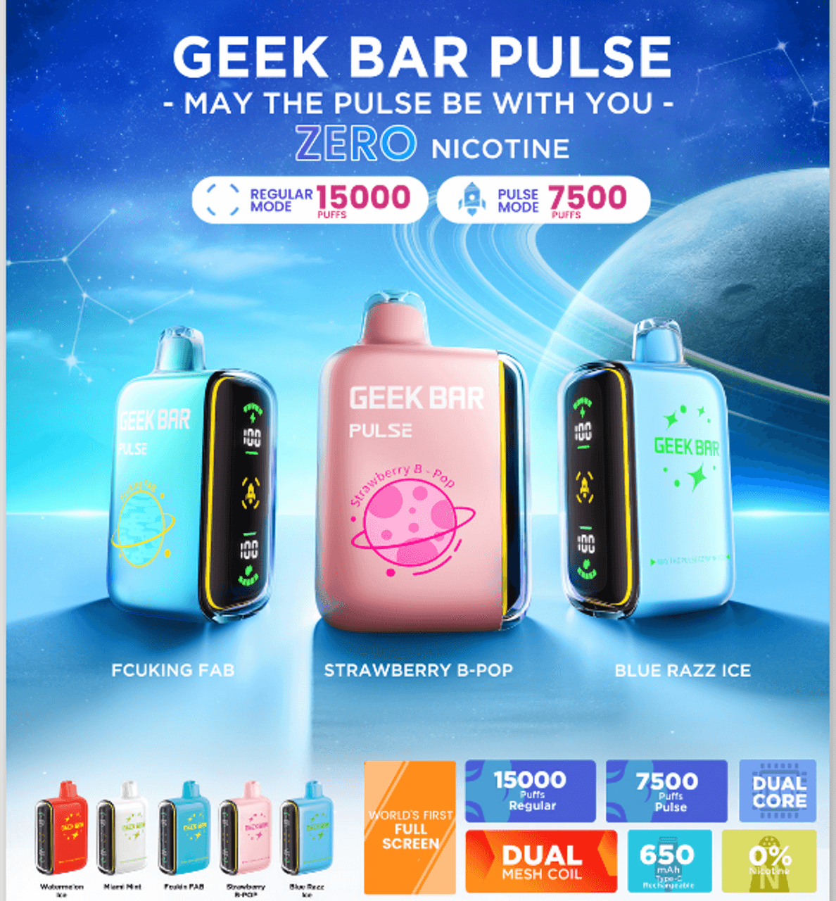 Geek Bar Pulse Disposable Vapes showcasing 0% nicotine, 15000 puffs in regular mode, with colorful flavors.