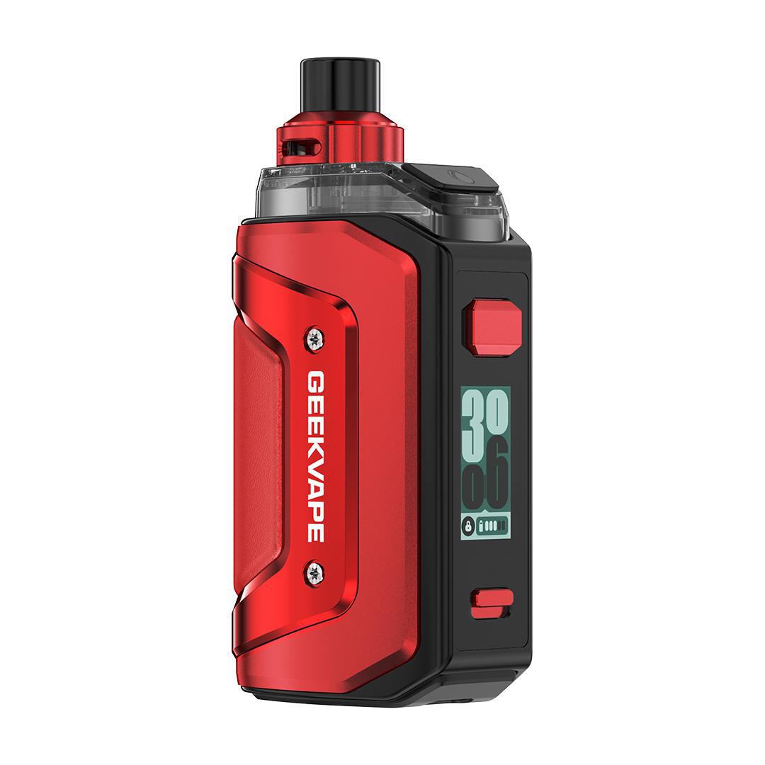 Geek Vape Aegis Hero 5 in red color with rugged design and display showcasing advanced features.