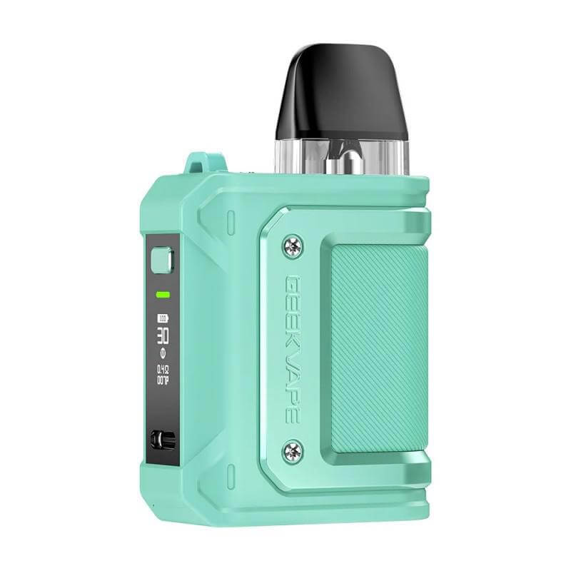 GeekVape Aegis Hero Q - Cyan compact vaping device with shock-resistant design and OLED screen.