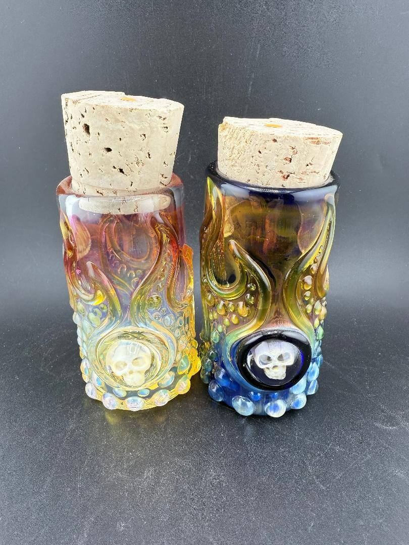 Glass Distractions Fumed Skull Cork Jar in colorful fades with unique skull design and cork lid