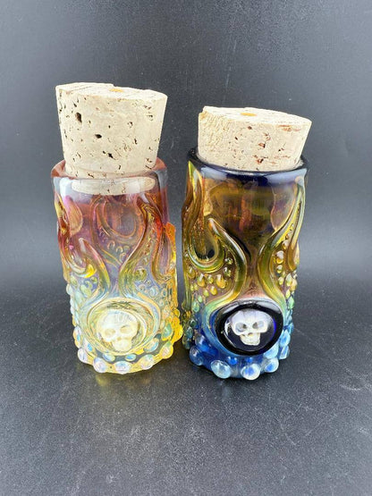 Glass Distractions Fumed Skull Cork Jar in colorful fades with unique skull design and cork lid