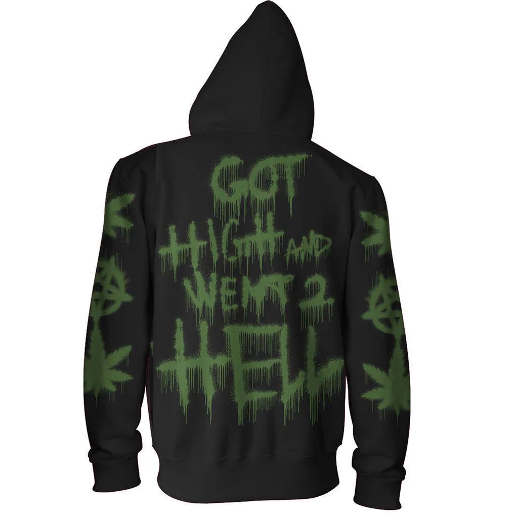 BlackCraft Cult Sweatshirt with bold graffiti design on the back saying 'Got High and Went 2 Hell'.