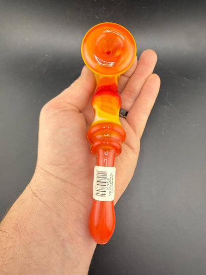 Grandpa Dad Glass Sherlock Pipe - Orange w/ Fire Line Work held in hand, showcasing vibrant orange color and design.