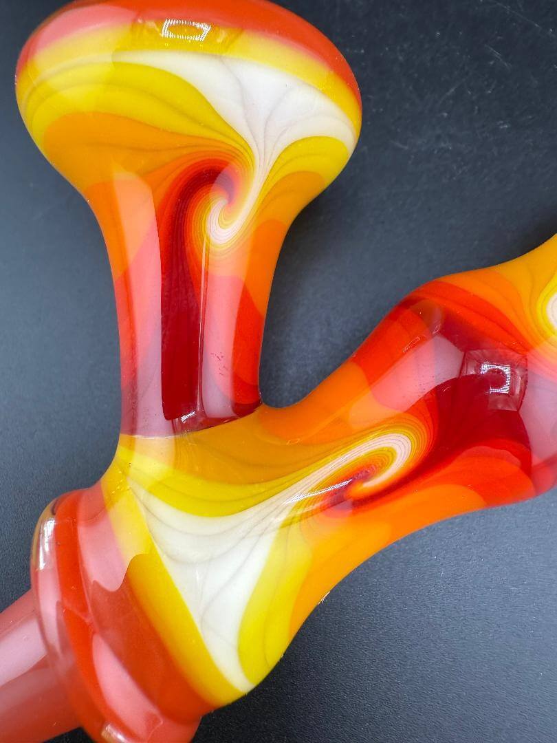 Grandpa Dad Glass Sherlock Pipe - Orange w/ Fire Line Work featuring vibrant colors and a classic design.