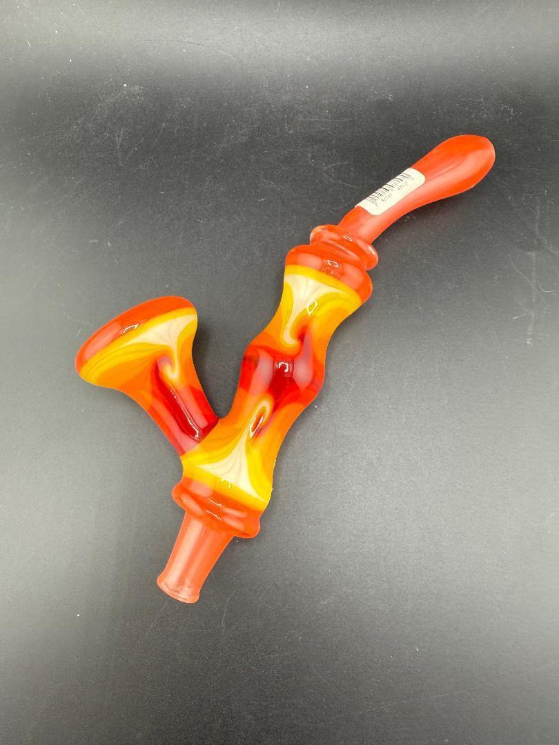 Grandpa Dad Glass Sherlock Pipe - Orange w/ Fire Line Work - vibrant orange body with fire line work accents