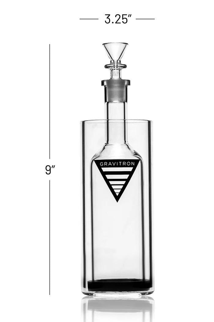 Grav Labs Gravitron gravity bong in clear glass, featuring a 9-inch height and logo, perfect for smooth sessions.